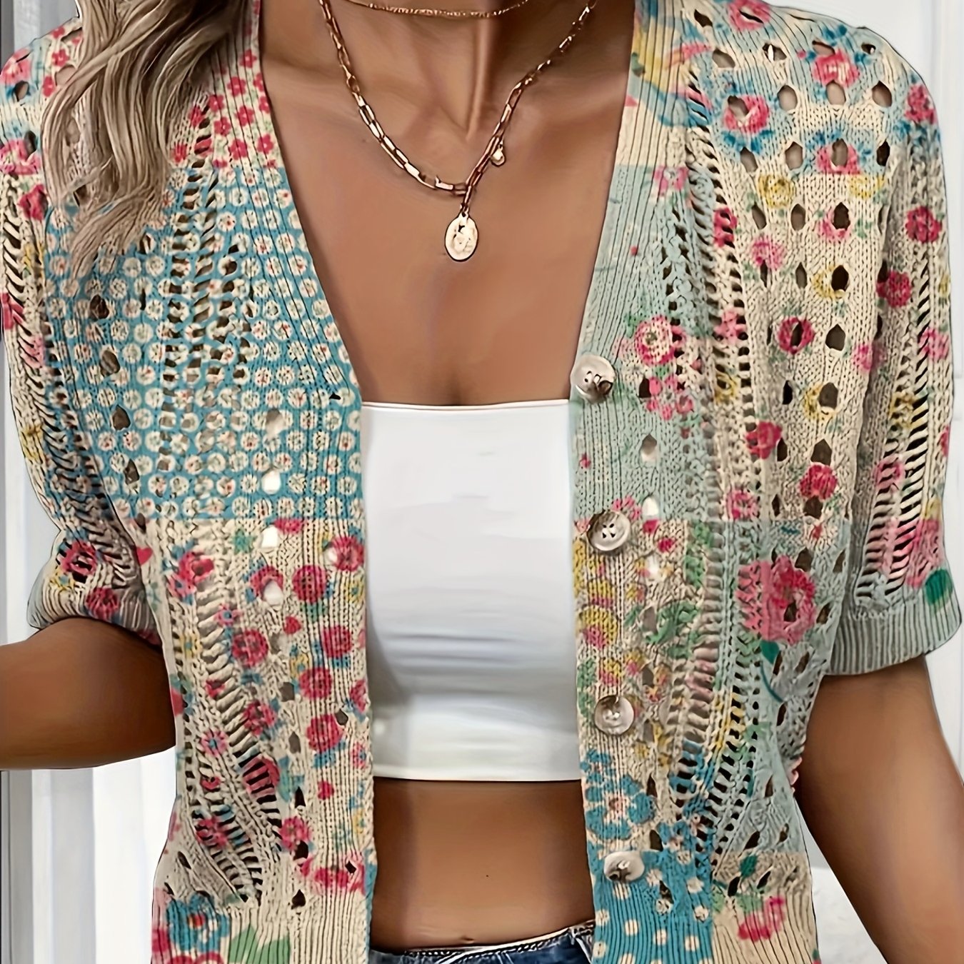 TEMU Kardigan w stylu boho z motywem szydełkowym, krótki, kolorowy, z nadrukiem i dekoltem w serek