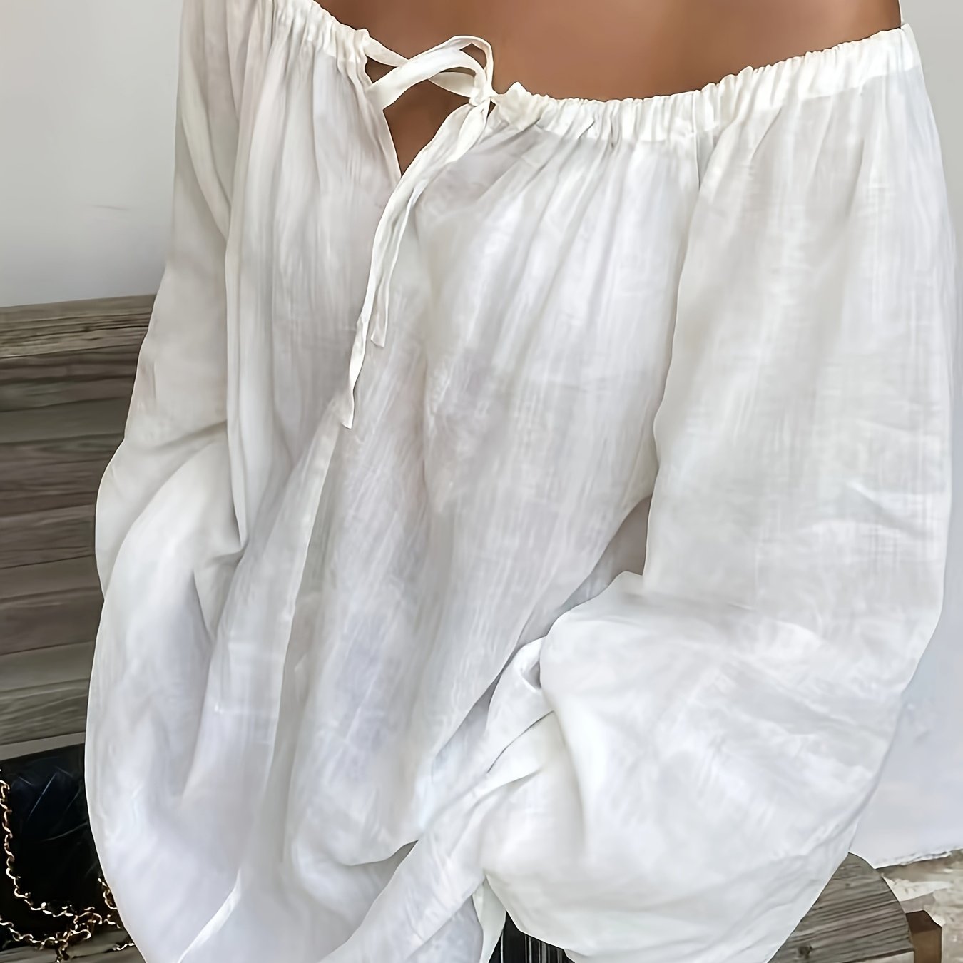 TEMU Damska koszula w stylu vintage o wyglądzie lnianym, biała, z okrągłym dekoltem, wysokiej jakości, luźny krój, kolekcja wiosna/, Casual i Top,