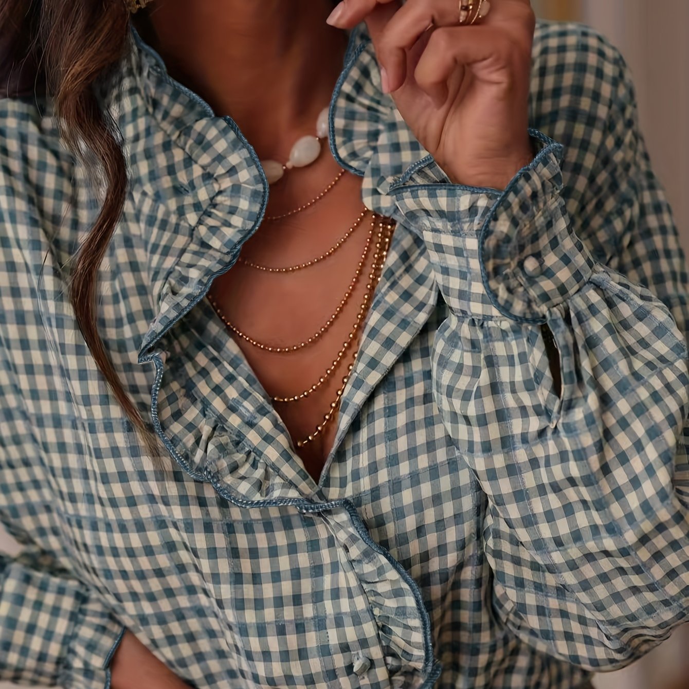 TEMU Damska koszula w kratę z długim rękawem i falbankami, idealna na wiosnę i jesień