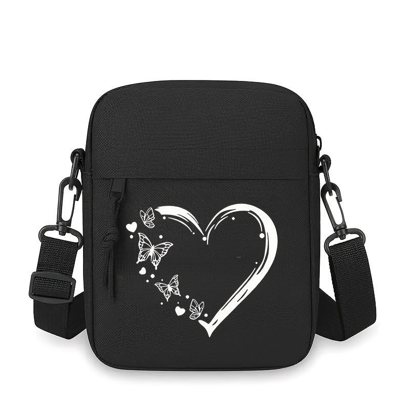 TEMU Damska Przenośna Czarna Torba Krzyżówka z Regulowanym Paskiem i Czarnym Zamkiem - Wielokieszeniowy Design, Nadruk w Kształcie i Motyla,