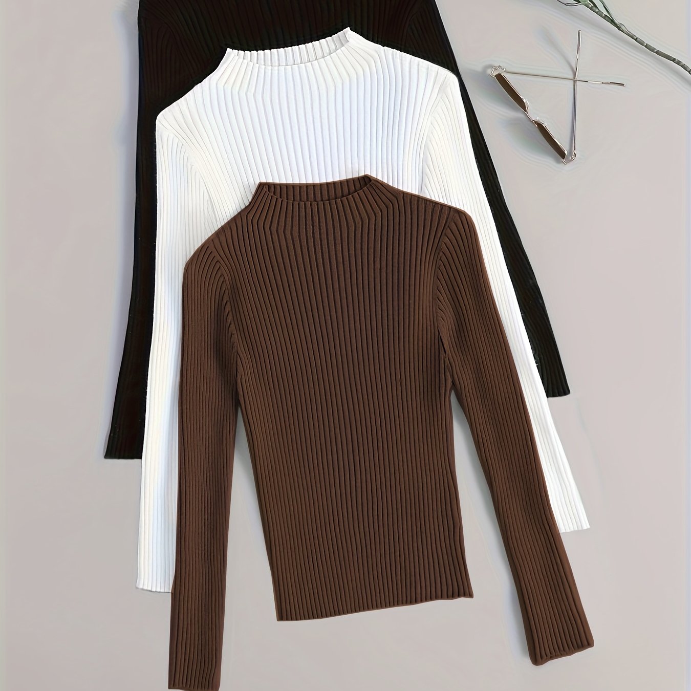 TEMU 3 szt. Damski Sweter z Półgolfem i Długim Rękawem, Żebrowany, Dopasowany, Rozciągliwy Pulower, Warstwa Bazowa na Jesień/Zimę, Dostępny w Wielu