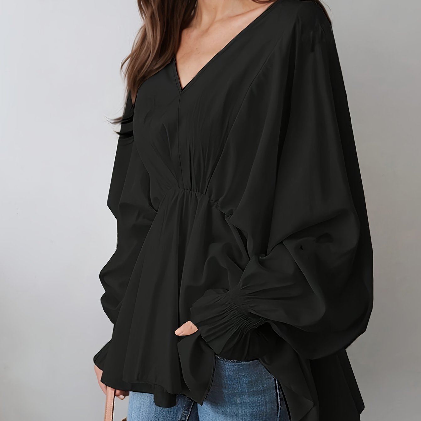 TEMU Damski Casual Prosty V-Neck Asymetryczna Koszula, Luźna Plisowana Koszula z Talii, Bluzka z Długim Rękawem i Latarnianymi Rękawami