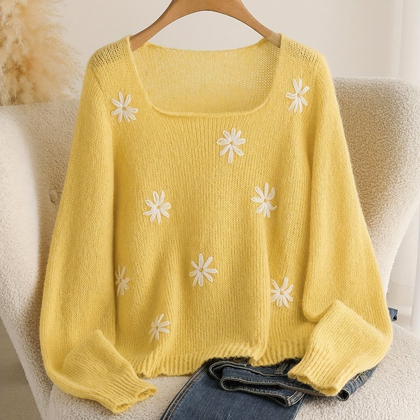 TEMU Damski Nowoczesny Sweter z Długim Rękawem w Kwiaty Stokrotki, Luźny, Casualowy, Żółty, Cienki na Jesień i Zimę