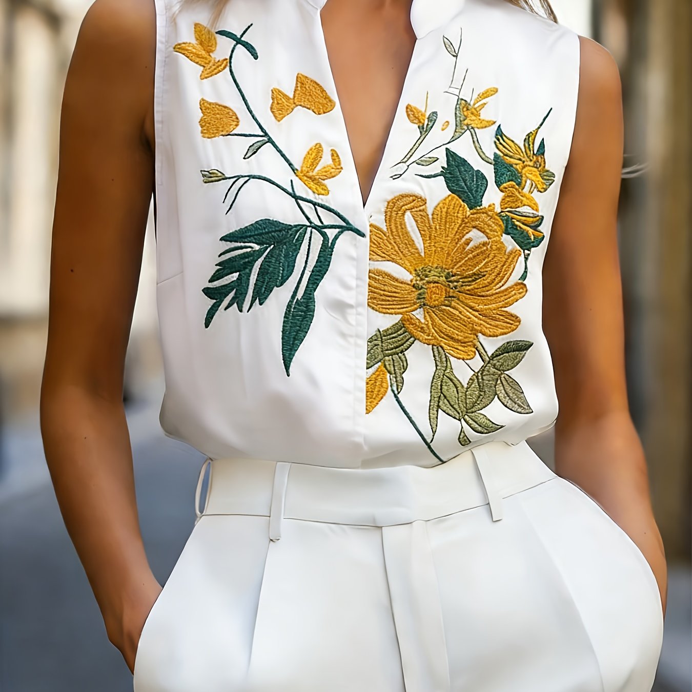 TEMU Codzienna i uniwersalna elegancka koszulka bez rękawów z wykwintnym haftem, wyrafinowana bluzka bez rękawów z dekoltem w serek dla kobiet