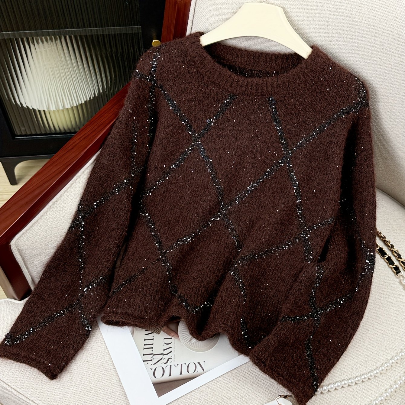 TEMU Bluzka w paski z cekinami, sweter z długim rękawem w jednolitym kolorze, miękki i przyjemny w dotyku, elegancki okrągły dekolt, idealny na