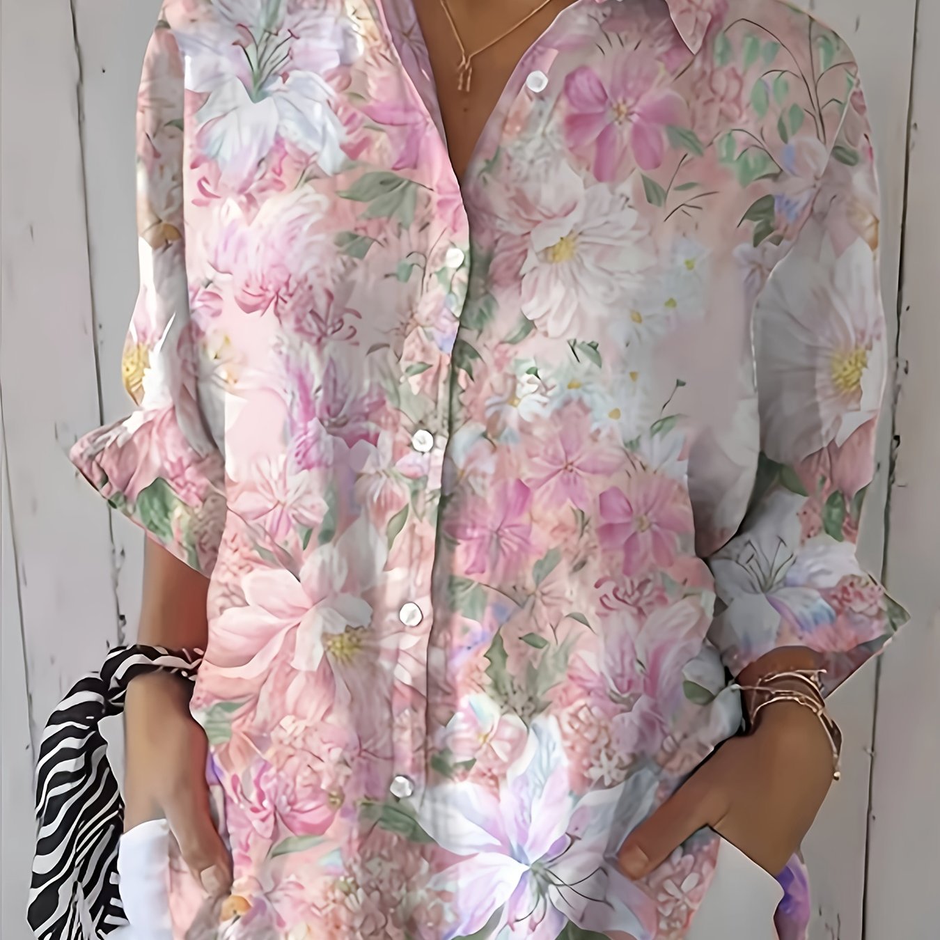 TEMU Elegancka Specjalna Edycja Damska Koszula z Nadrukiem - Długi Rękaw, Guziki, Kołnierz, Średnia Elastyczność, Nadaje się do Prania w Praniu