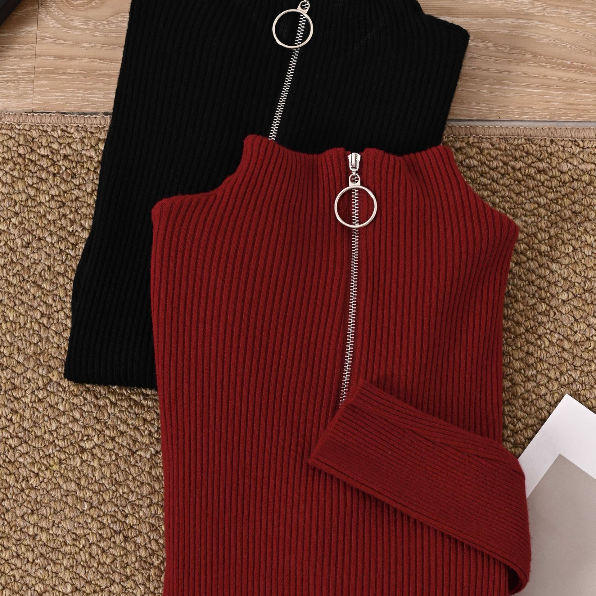 TEMU Zestaw Dwóch Stylowych Damskich Bluzek Warstwy Bazy Zapinanych na Zamek z Półwysokim Kołnierzykiem, Zaprojektowanych, Aby Być Dopasowanymi i