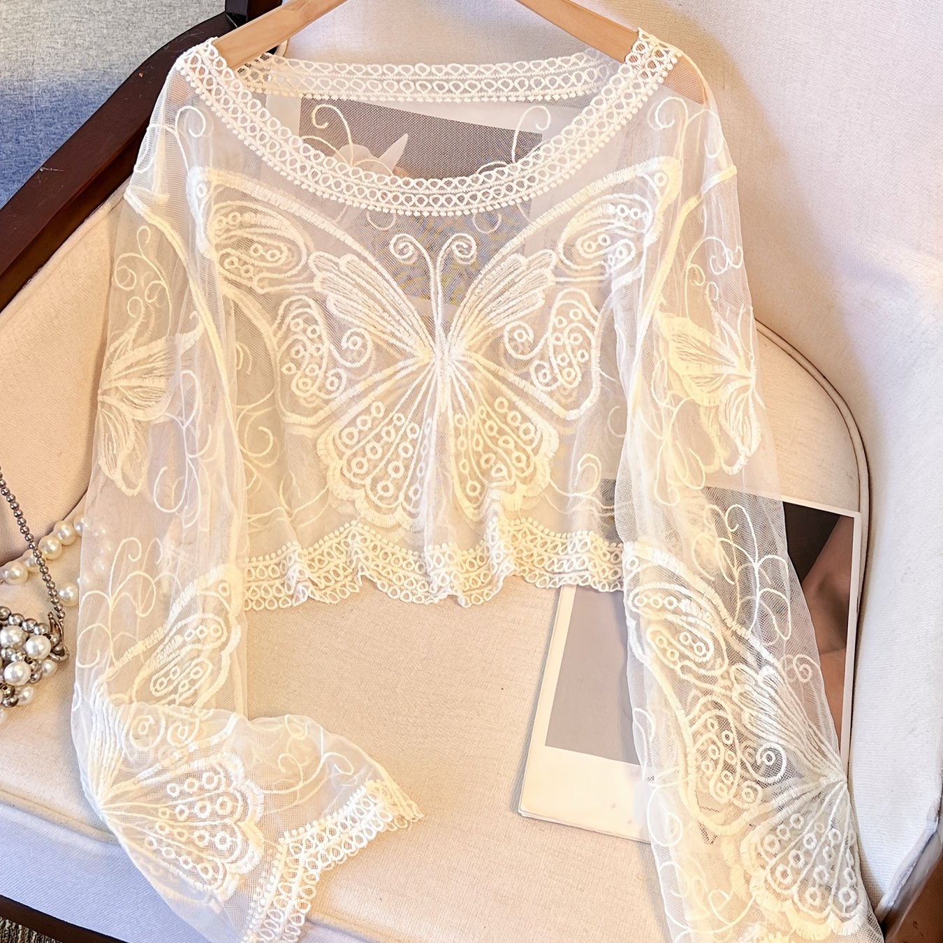 TEMU Bohemianowy, haftowany sweter z motylem Casualowy okrągły dekolt, długi rękaw, krótki krój, elastyczny materiał na wiosnę/jesień