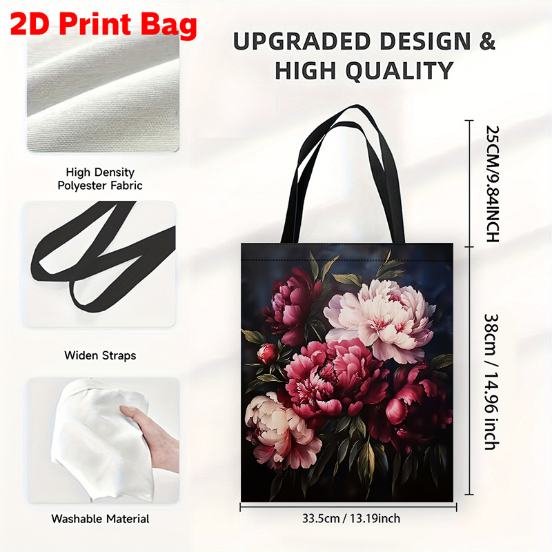 TEMU 1 szt. Torba z nadrukiem 2D wiosenna, Tote Bag z peoniami w kolorowych odcieniach. Wszechstronna torba idealna na zakupy, najlepsza na Boże