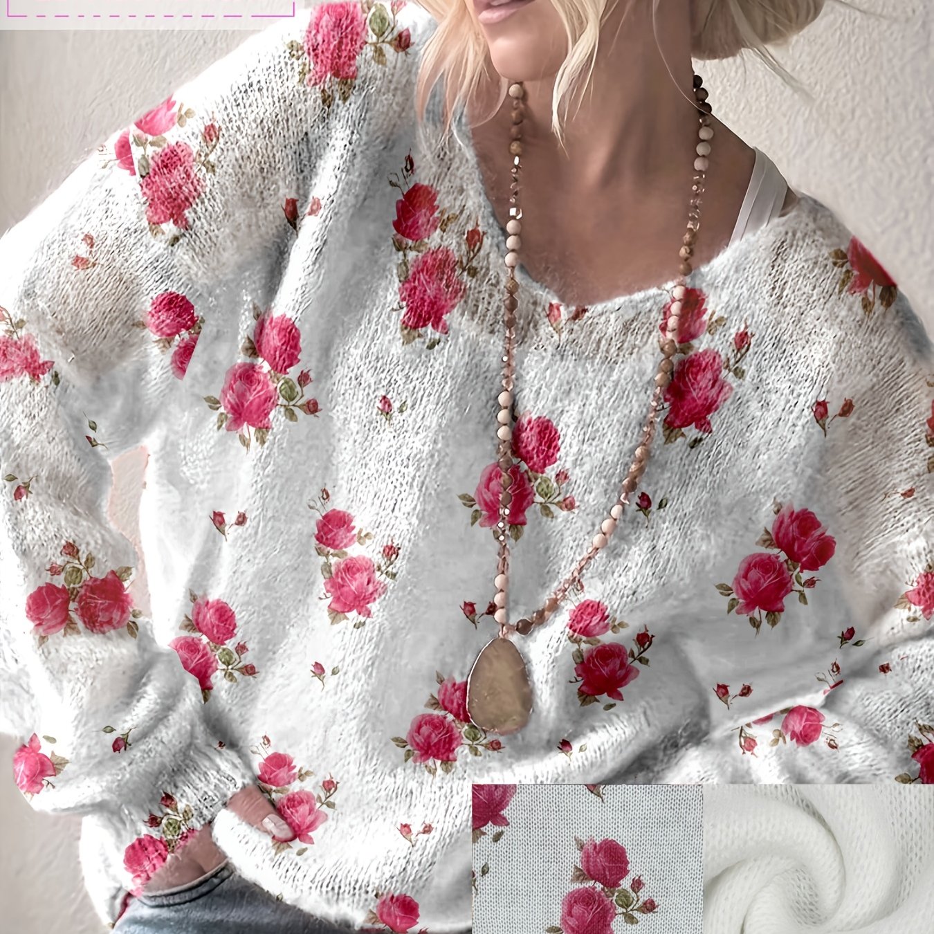 TEMU Damski Biały Sweter z Dekoltem w Serek i Długim Rękawem z Różowym Nadrukiem Róży, Wygodny Top na Codzienność i Casual, Wszechstronna Odzież