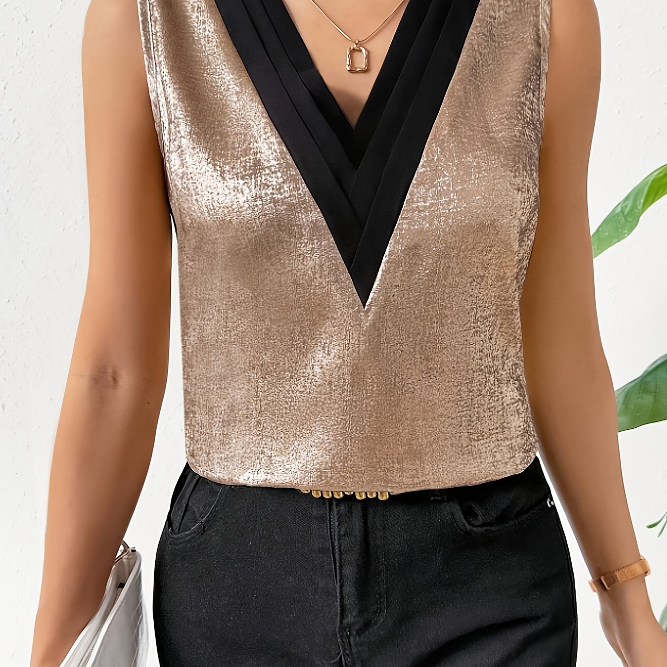 TEMU Stylowa Złota Błyszcząca Koszula Bez Rękawów z Dekoltem w Serek w Stylu Color-Block na Nowy Rok [Zllz]