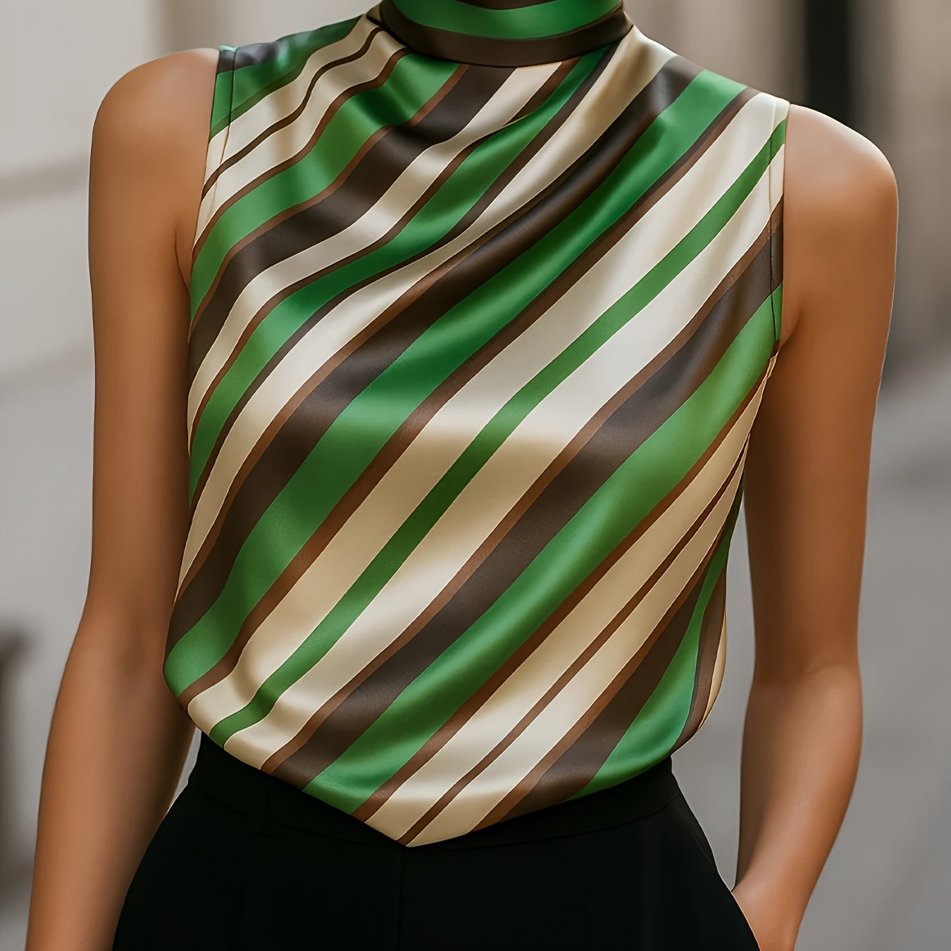 TEMU Damska Bluzka w Francuskim Stylu z Eleganckim Wzorem, Mała , Paski, Satynowa, Bez Rękawów + Nian Nian