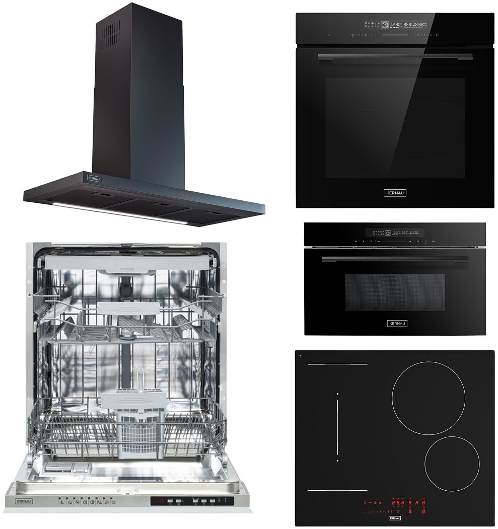 Zestaw AGD do zabudowy Kernau Zmywarka KDI 6854 SD + Piekarnik KBO 1371 S TC B + Płyta KIH 6413-4B BL Kitchen Connect + Kuchenka KMO 3571 TC B + Okap KCH 0991 B Kitchen Connect