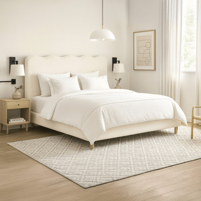 Łóżko Tapicerowane 180x200 cm IZMIR ze Stelażem Dwuosobowe Boucle Kremowe