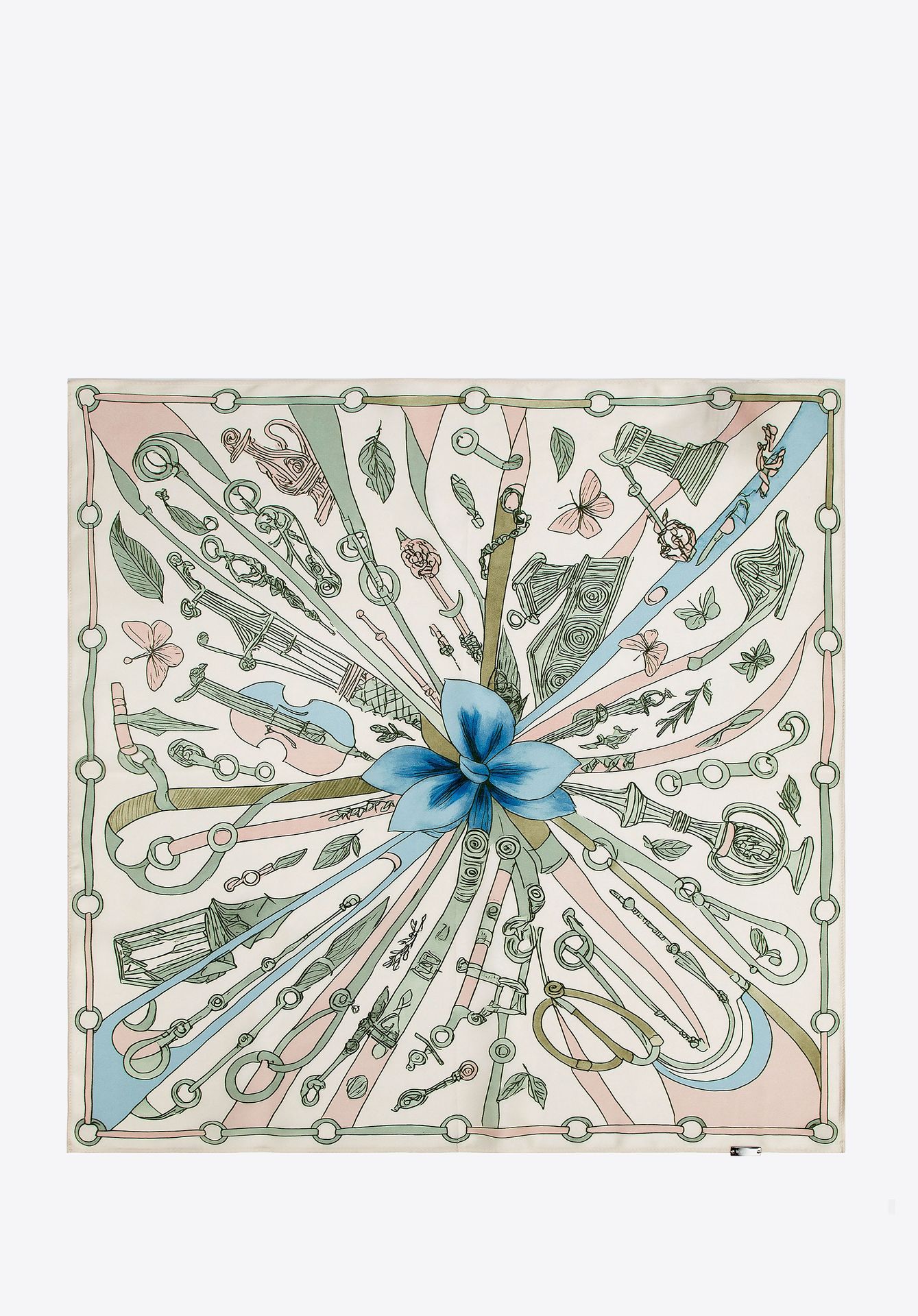 Damska apaszka z jedwabiu z dekoracyjnym motywem beżowo - niebieska