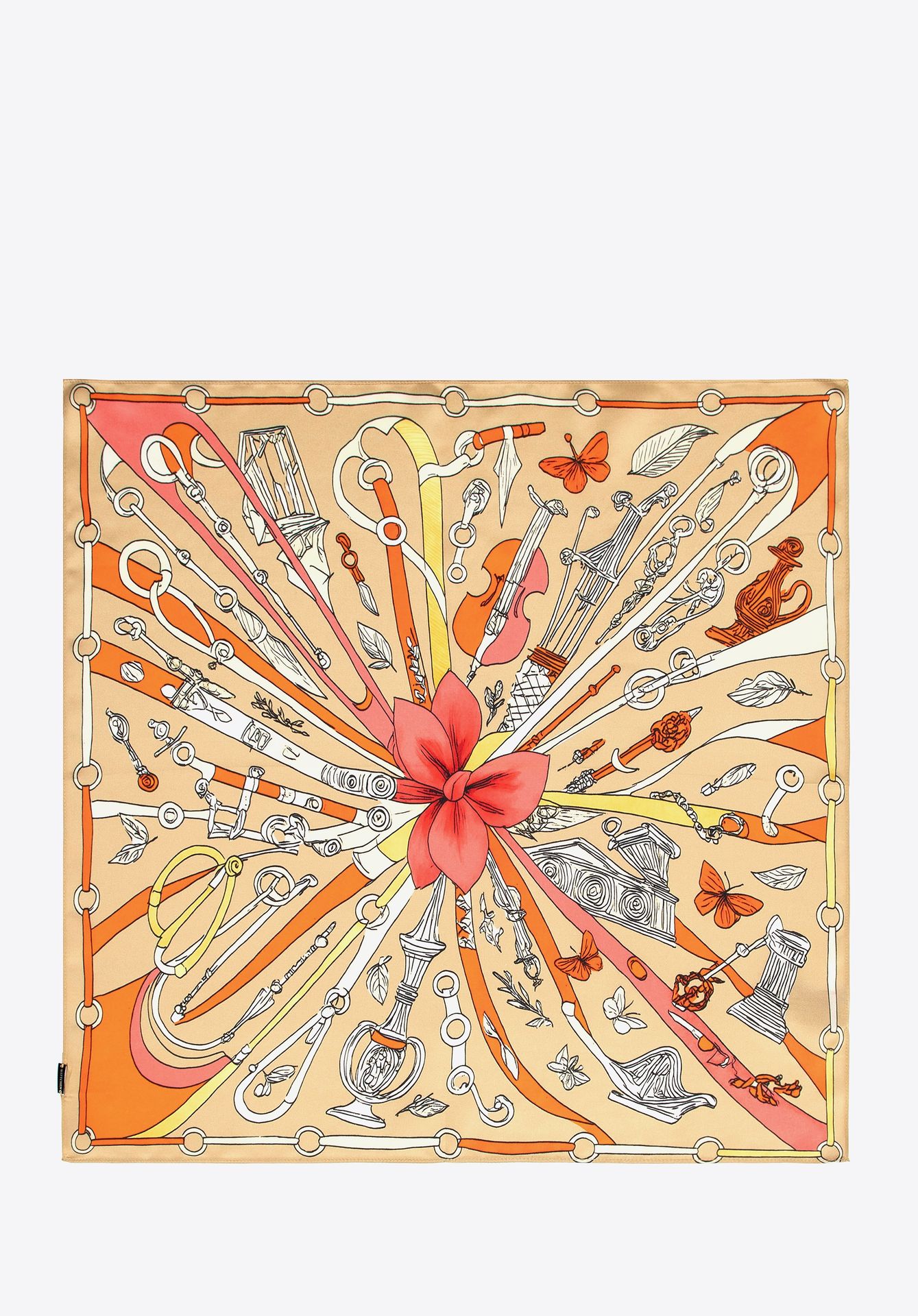 Damska apaszka z jedwabiu z dekoracyjnym motywem beżowo - pomarańczowa
