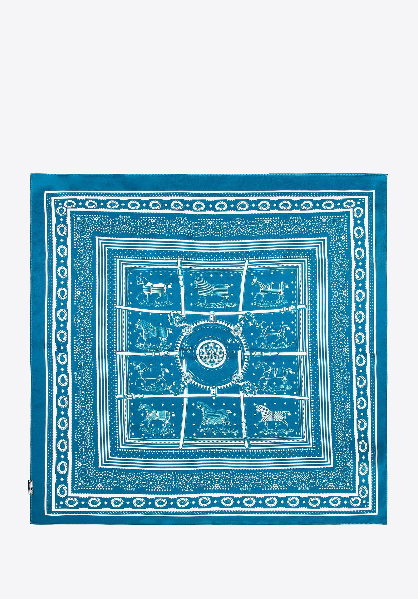 Damska apaszka z jedwabiu z motywem jeździeckim niebieska