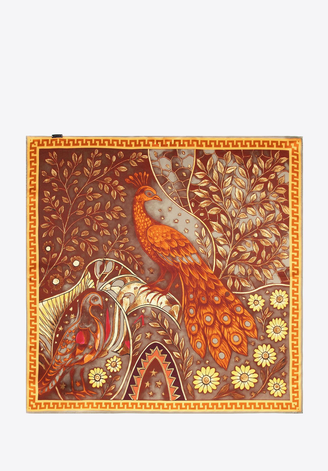 Apaszka z jedwabiu z dekoracyjnym motywem natury brązowo - pomarańczowa