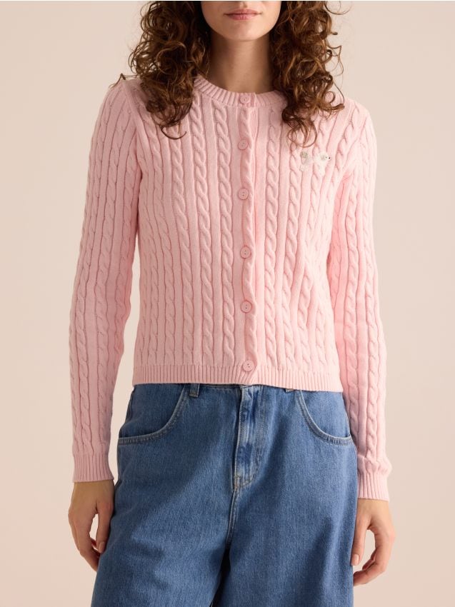 Reserved - Kardigan z haftem - pastelowy róż