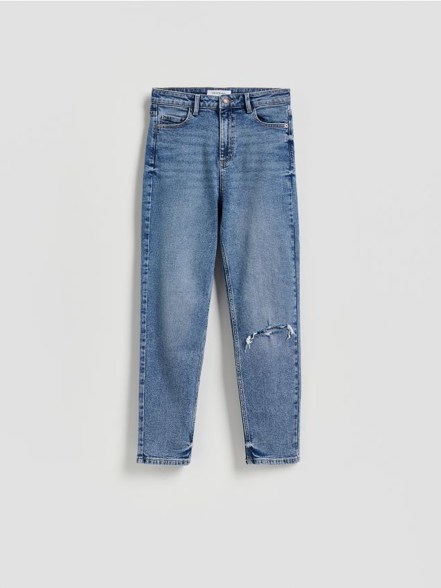 Reserved - Jeansy mom fit z rozcięciem - niebieski