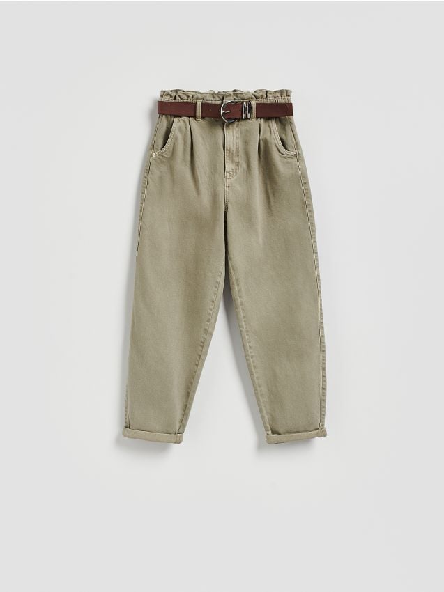 Reserved - Jeansy paperbag z paskiem - zielony