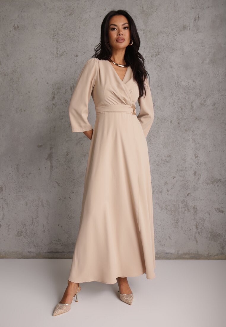 Beżowa Elegancka Sukienka o Kopertowym Kroju Zdobiona Aplikacją w Talii Zilendra