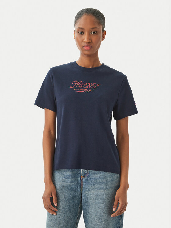 Tommy Hilfiger T-Shirt Logo Interlock WW0WW48707 Granatowy Regular Fit