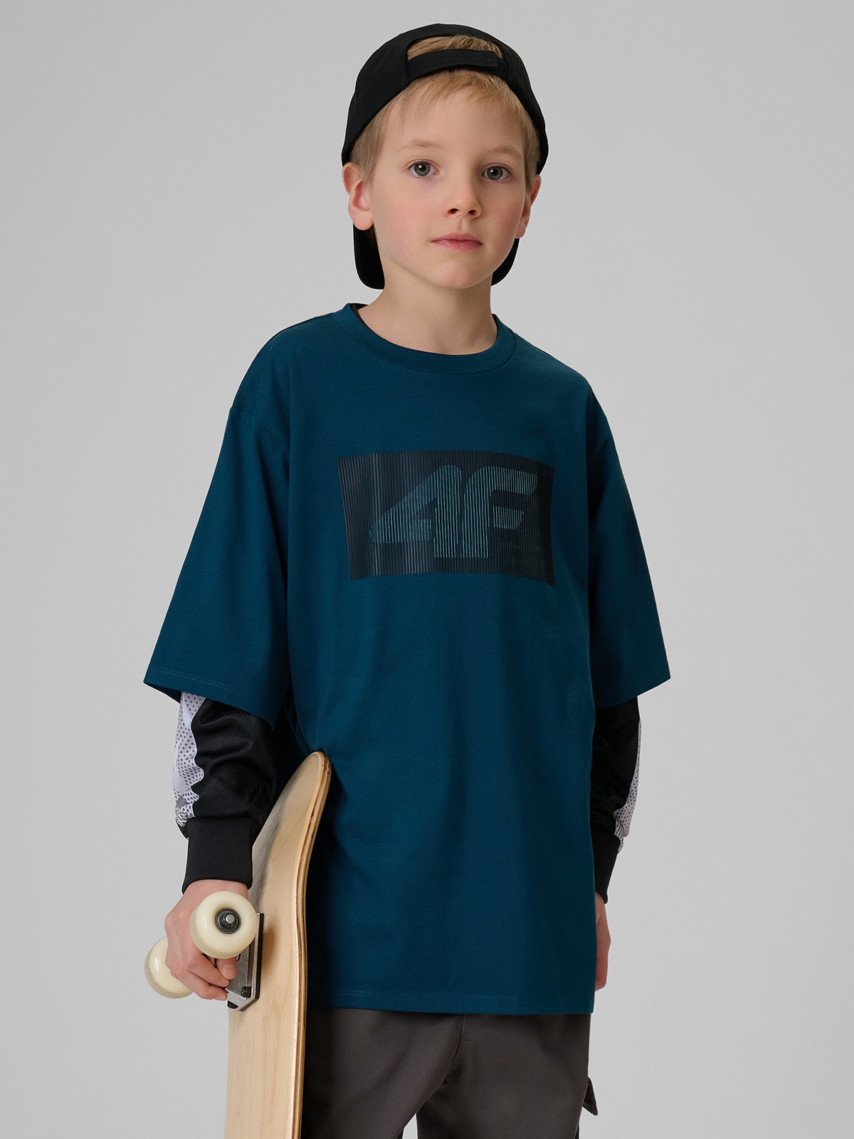 4F T-shirt loose z nadrukiem chłopięcy - turkusowy 158/164 (12-14 lat)