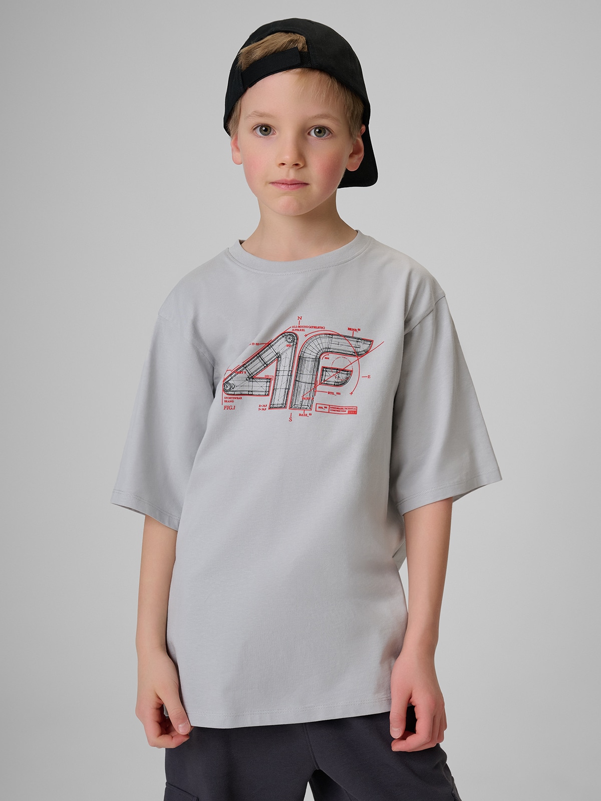 4F T-shirt loose z nadrukiem chłopięcy - szary 158/164 (12-14 lat)