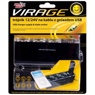 Trójnik 12 x 24 V na kablu z gniazdem USB Moje Auto VIRAGE