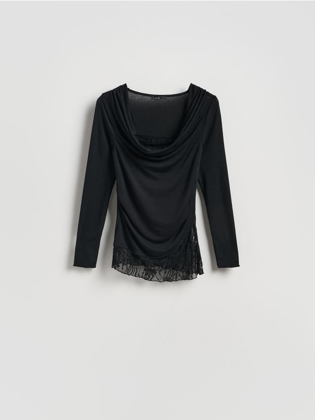 Reserved - Bluzka z koronkową wstawką - czarny