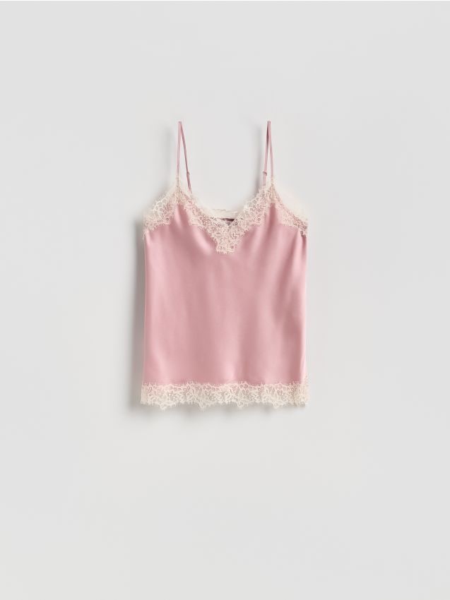 Reserved - Top z koronkowym zdobieniem - różowy