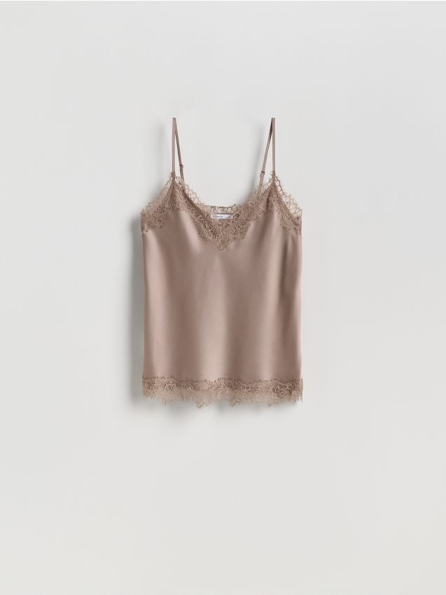 Reserved - Top z koronkowym zdobieniem - brązowy