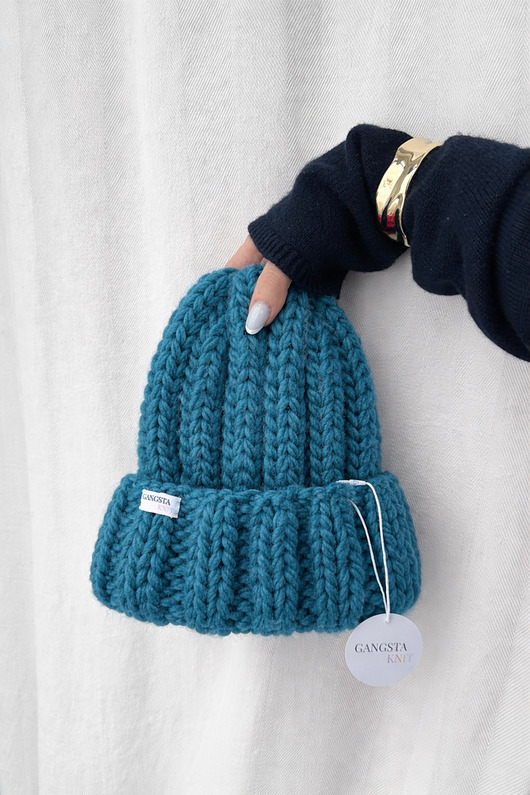 Gruba wełniana czapka beanie turkusowa 100% wełna handmade