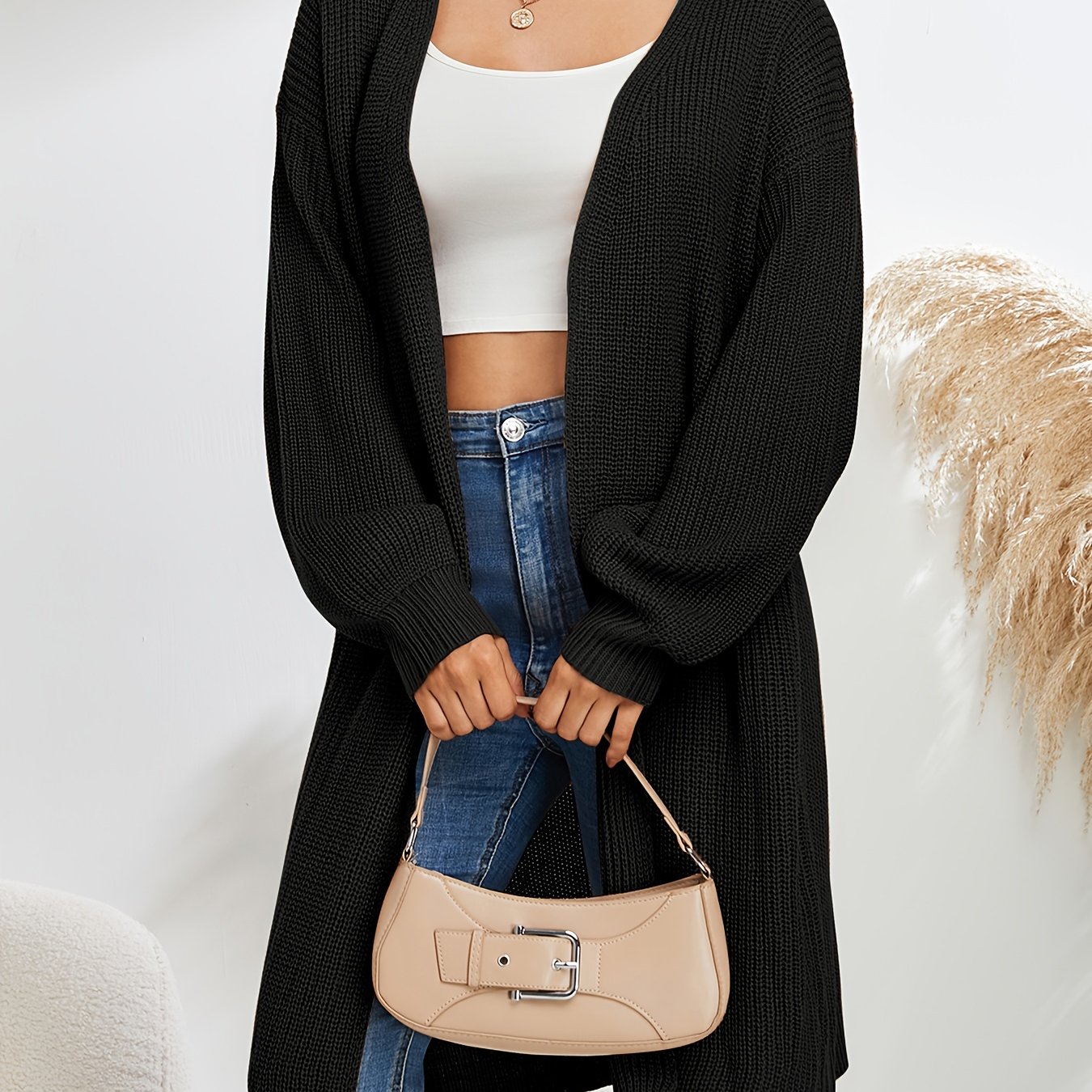 TEMU Solidny sweter z dzianiny o długiej długości, swobodny sweter z długim rękawem i otwartym przodem, odzież damska