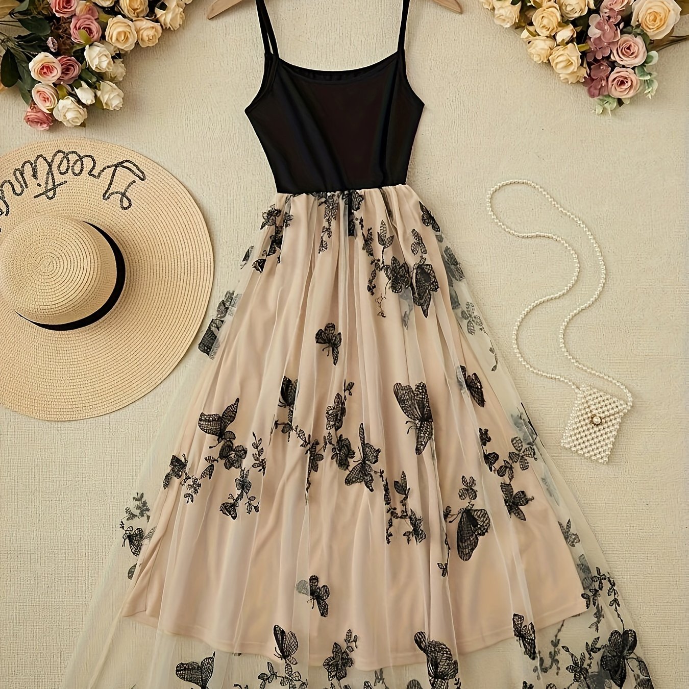 TEMU Elegancka Sukienka Damska z Koronki i Tiulu z Haftem - Bez Rękawów, Odkryty Plecy z Kwiatowymi Wzorami, Idealna na i Letnie Wydarzenia