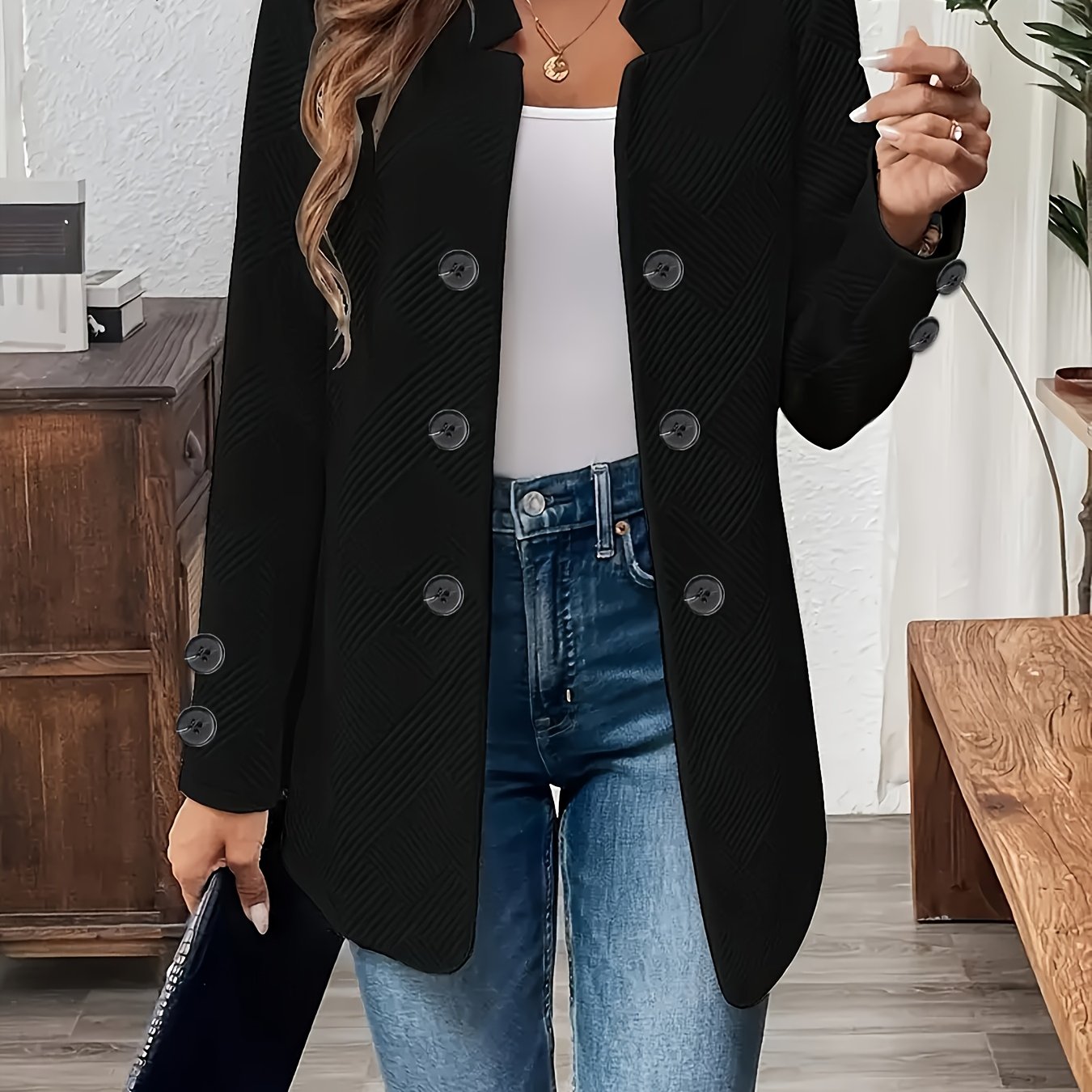 TEMU Modna Jednokolorowa Kardigan z Dekoracyjnymi Guzikami, Długi Rękaw z Kieszeniami, Damski Płaszcz Średniej Długości