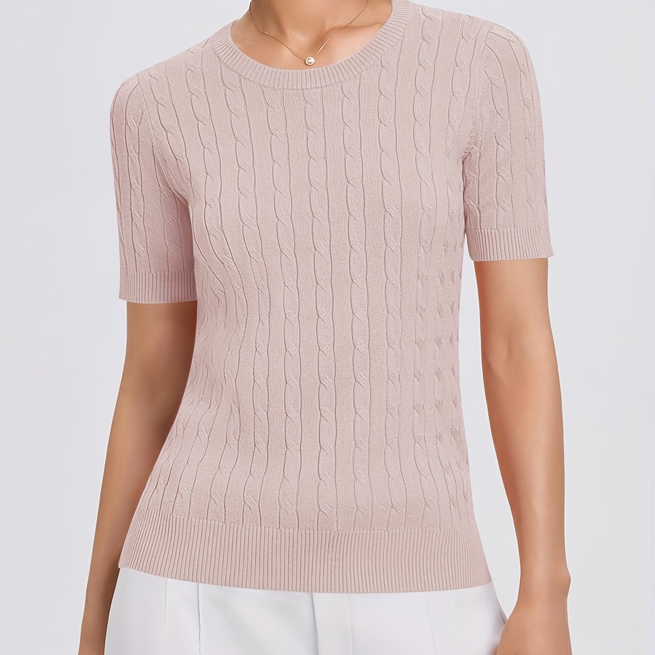 TEMU DP030842 Kierunkowy: Elegancki sweter damski z krótkim rękawem i kablem - Miękki i wygodny, jednolity , idealny na co dzień jesienią i zimą -