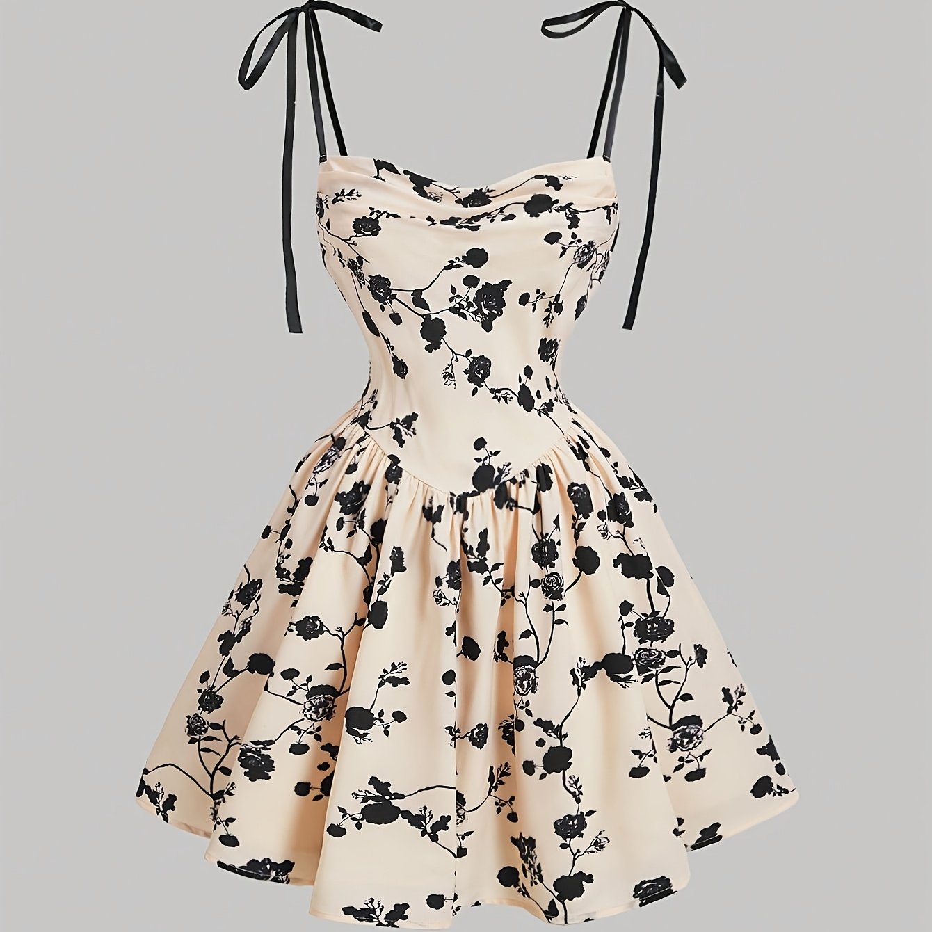 TEMU Elegancka sukienka w kwiatowy wzór z cienkimi ramiączkami i marszczoną tylną częścią