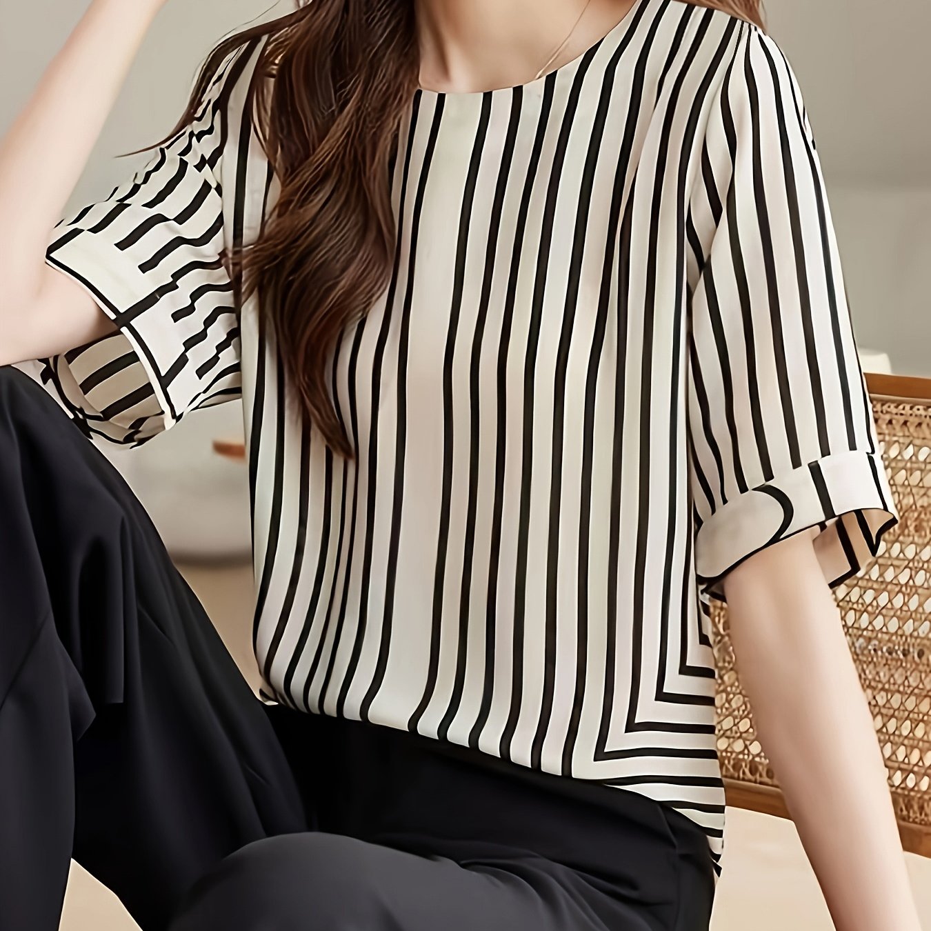 TEMU Damska luźna bluzka z krótkim rękawem ze szfikuły w stylu do pracy, idealna dla dorosłych