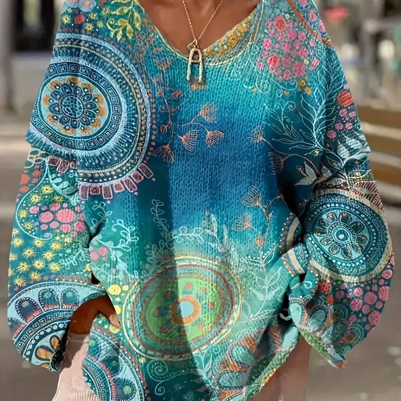 TEMU stylowa i wszechstronna bluzka damska z dekoltem w serek i długim rękawem, z modnymi nadrukami cyfrowymi i szykownym designem na jesień i zimę