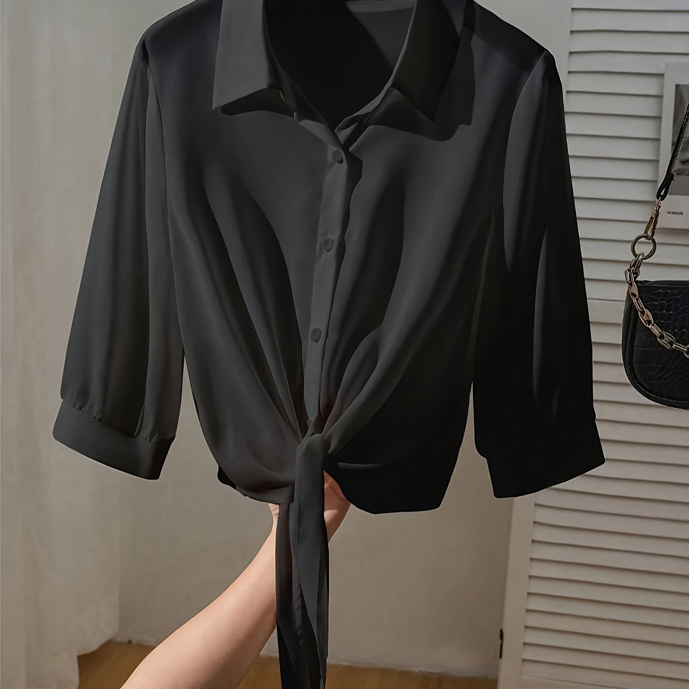 TEMU Damski Szyfonowy Krótki Rękaw Koszula z Paskiem i Guzikami