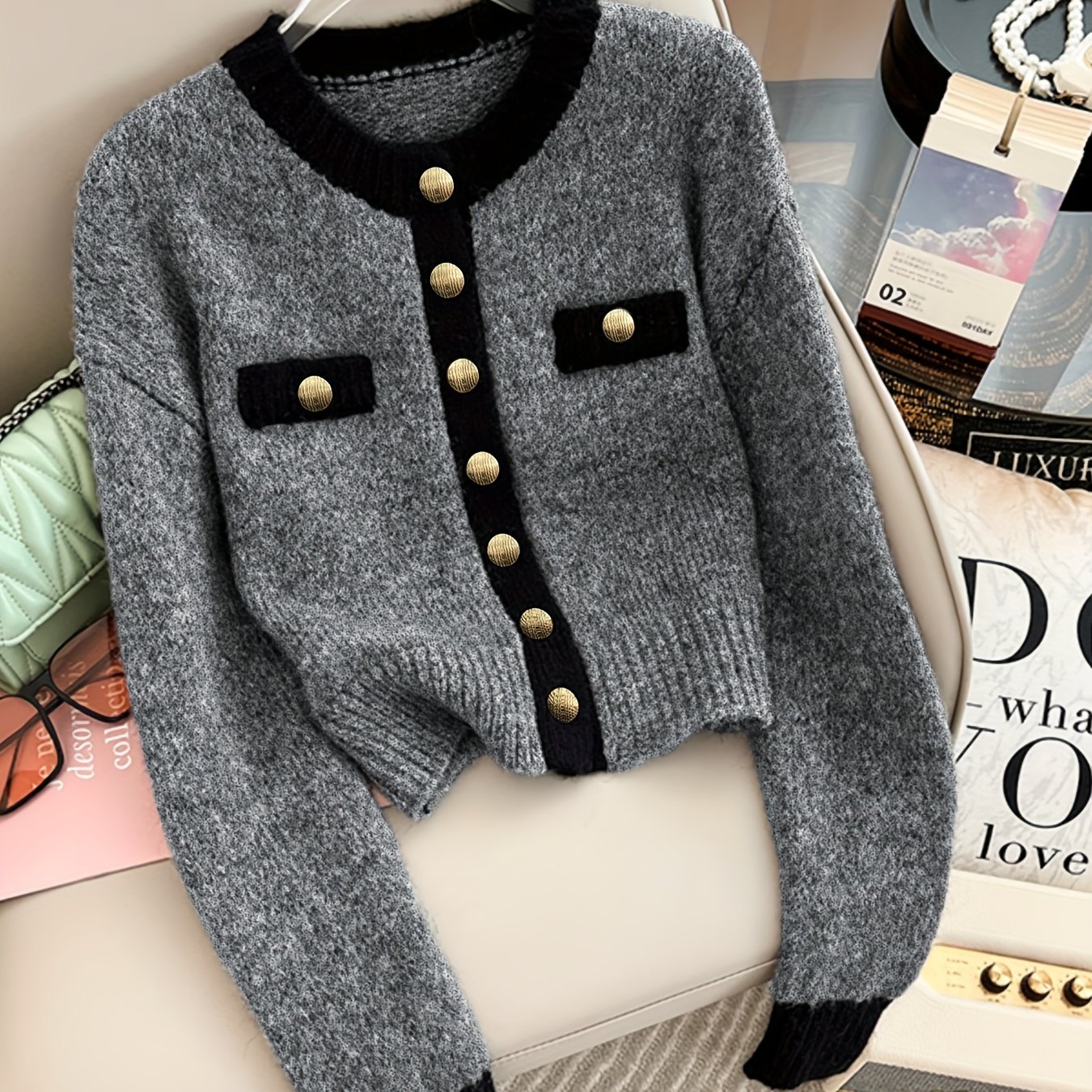 TEMU Sweter w stylu francuskiej elity towarzyskiej o klasycznym, eleganckim kroju z kontrastowymi metalowymi guzikami, elegancki kardigan, stylowa