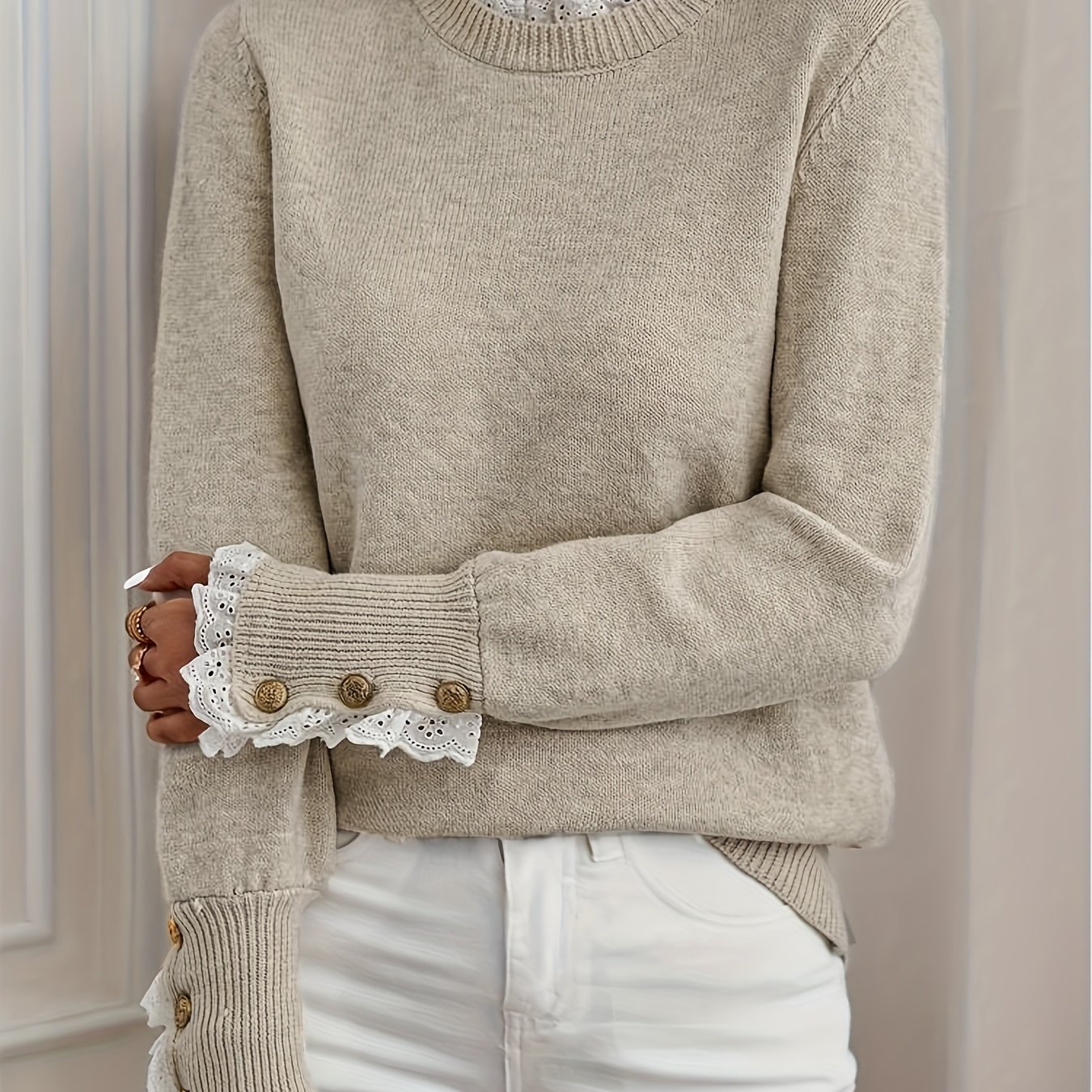 TEMU Elegancki Sweter Damski na Jesień-Zimę z Koronkowymi Detalami, Numer Produktu ZJ1204018