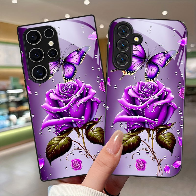 TEMU Etui na telefon: Etui z wzorem fioletowej róży i motyla z ochroną obiektywu odpowiednie dla for Galaxy
