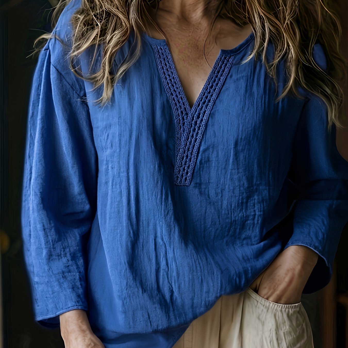 TEMU Koronkowa bluzka w stylu vintage z dekoltem w serek - lniany top, luźny sweter na wiosnę i jesień, codzienna lniana koszula z długim rękawem