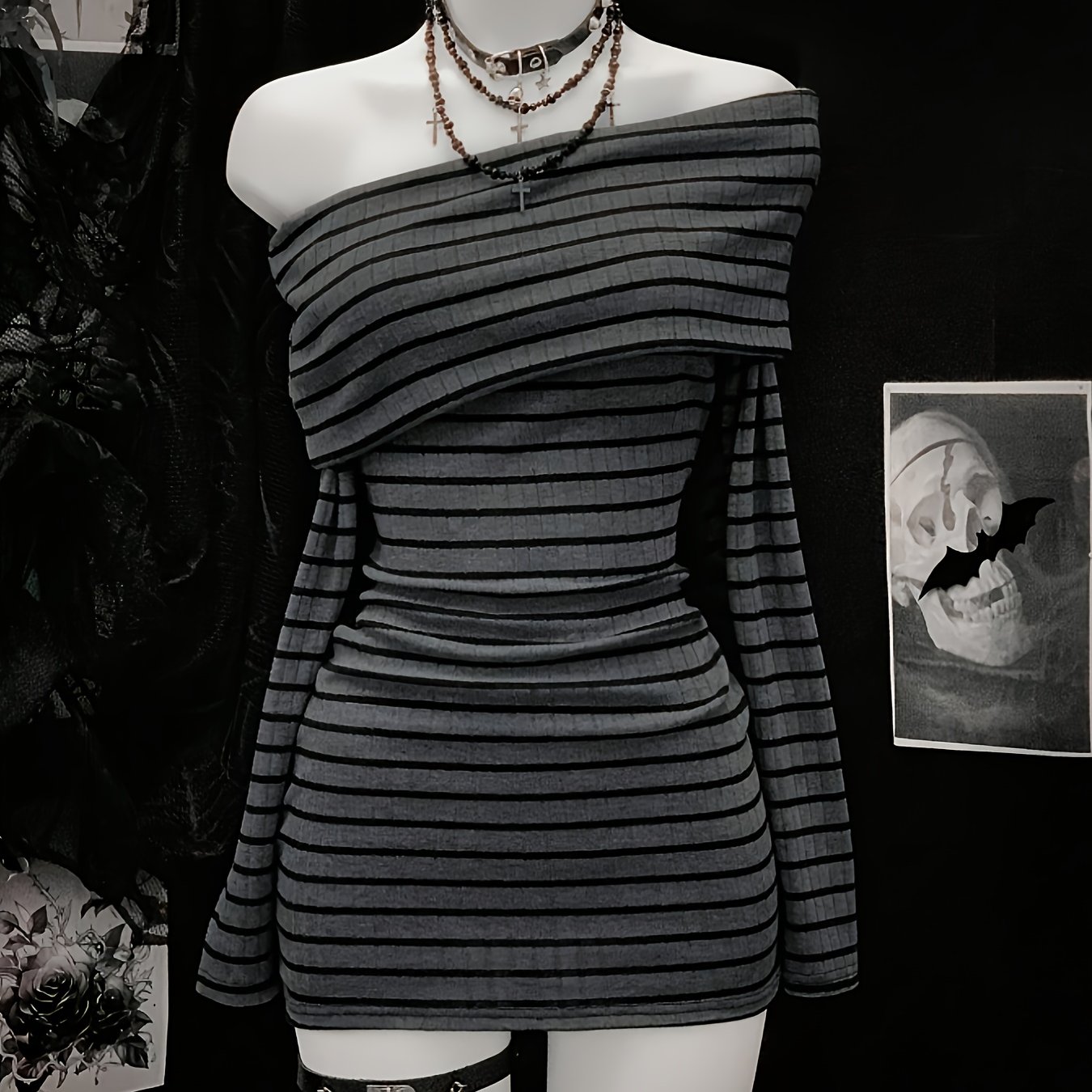 TEMU Damska zimowa mini sukienka, modna czarno-szara w paski z długim rękawem, casualowa sukienka z odsłoniętymi ramionami, seksowny strój na