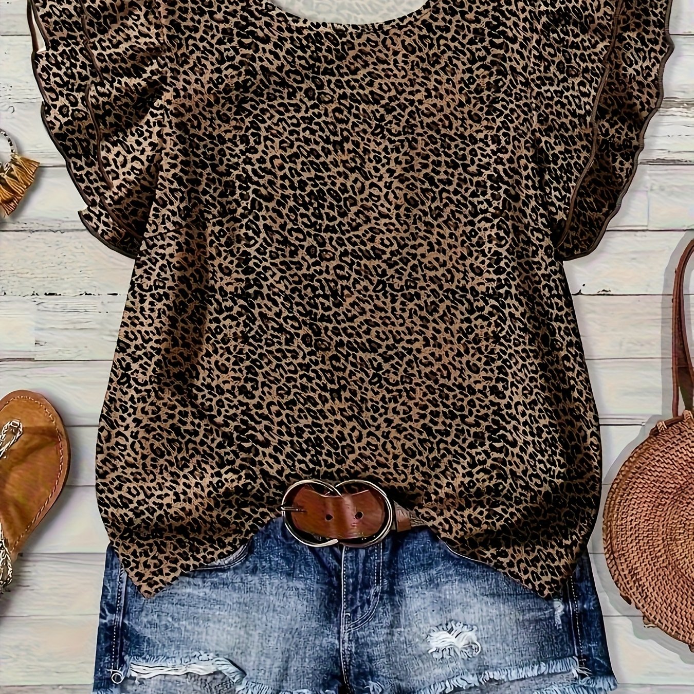 TEMU Elegancka Codzienna Luźna Koszula z Okrągłym Dekoltem i Podwójną Warstwą z Krótkim Rękawem typu Cap