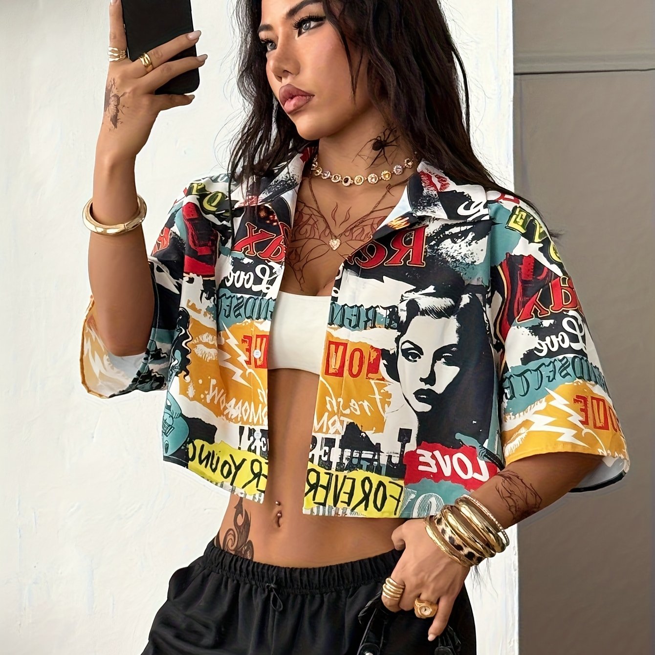 TEMU Damska letnia, całoroczna, uliczna koszulka hip-hopowa w stylu vintage college, krótka, w kratę, luźna, wzorzysta, krótka