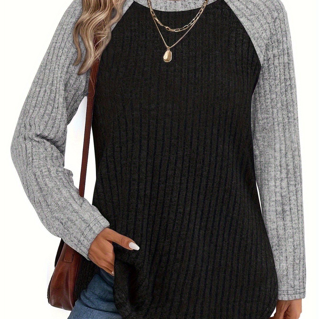 TEMU Damska Bluzka z Długim Rękawem, Sweter na Jesień i Zimę, Lekka Luźna Bluzka Casual, Modny Cienki Sweter z Okrągłym Dekoltem w Bloki Kolorów